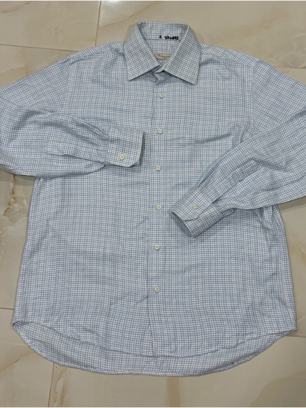 Light Blue Micro-Check Men's Dress Shirt with Spread Collar